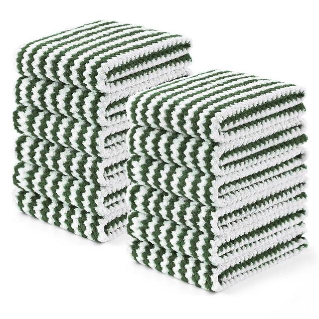 Homaxy Kitchen Towels(12 Pack, 10 x 20 inches), Ultra Soft and Absorbent Dish Towels, Reusable Fast Drying Microfiber Cleaning Towels, Coral Velvet Wave Design Lint Free, Grass Green