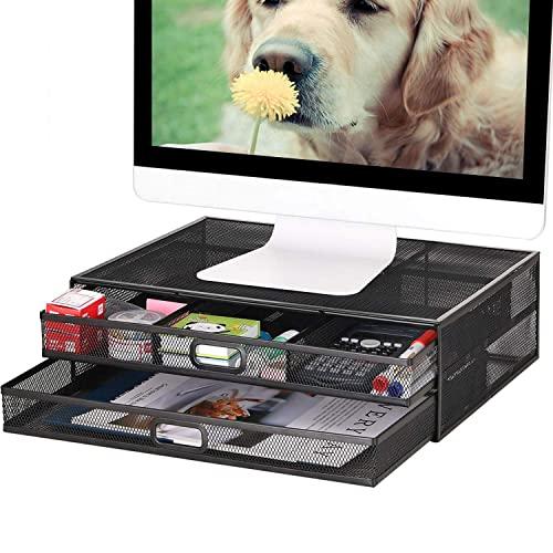 Monitor Stand Riser with Drawer - Metal Mesh Desk Organizer with Dual Pull Out Storage Drawer,Office Supply for Computer, PC, Laptop, Printer, Notebook, iMac (Black)