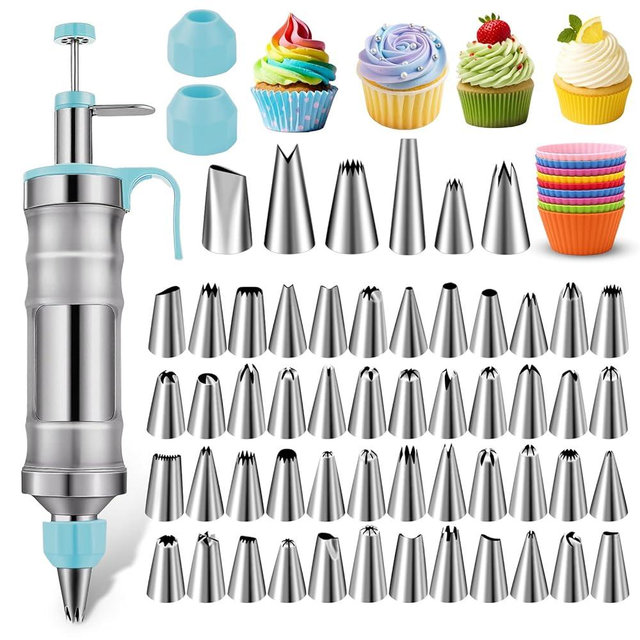 NOVANO Dessert Decorating Syringe Set, Frosting Piping Kit Stainless Steels Cake Decorating Kit with 54 Piping Tips & 9 silicone cupcakes, Cupcake Decorating Kit Piping Bags and Tips Set (Blue)
