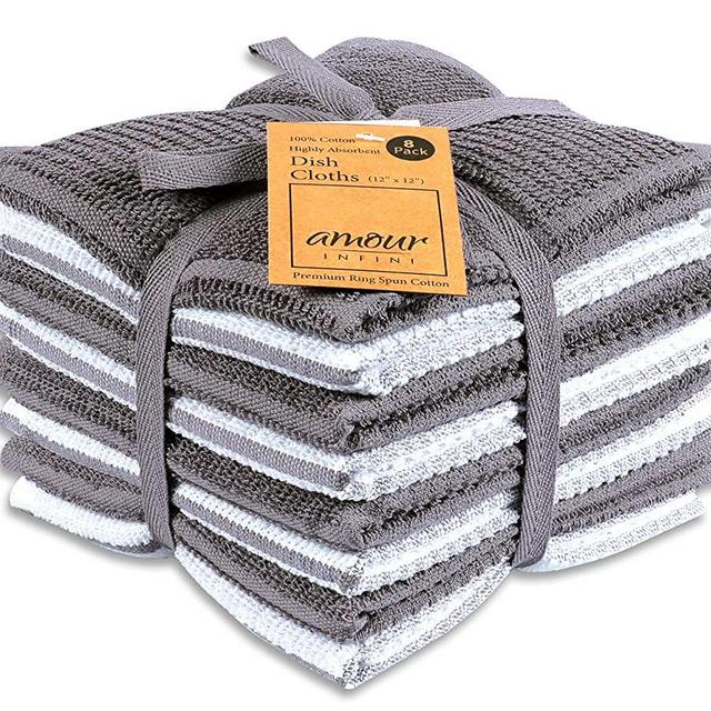 AMOUR INFINI Terry Dish Cloth | Set of 8 | 12 x 12 Inches | Durable, Super Soft and Absorbent |100% Cotton Dish Rags | Perfect for Household and Commercial Uses | Light Gray
