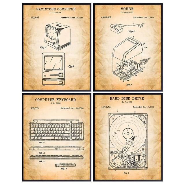 Vintage Computer Patent Art Prints, Monitor, Keyboard, Hard Drive, Mouse Wall Art Poster Set - Chic Home Decor for Office, Man Cave, Den, Bedroom, Living Room - Gift for Tekkie Nerds - 8x10 Unframed