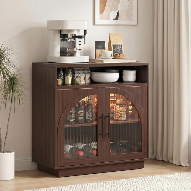 Sideboard Buffet Cabinet with Storage, 31.5" Coffee Bar Cabinet with LED Lights & Removable Wine Rack, Small Accent Cabinet with Arched Glass Doors for Kitchen/Living Room/Entryway/Dining Room, Brown