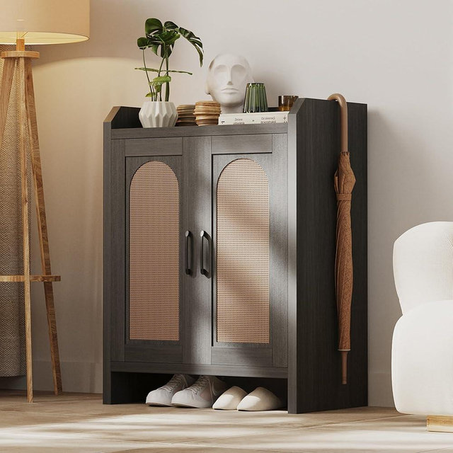 Mericonia Shoe Cabinet Storage for Entryway, Natural Rattan Shoes Cupboard, Wooden Shoe Rack with Doors and Shelves, Farmhouse Boho Wood Shoe Organizer Cabinet for Hallway Black
