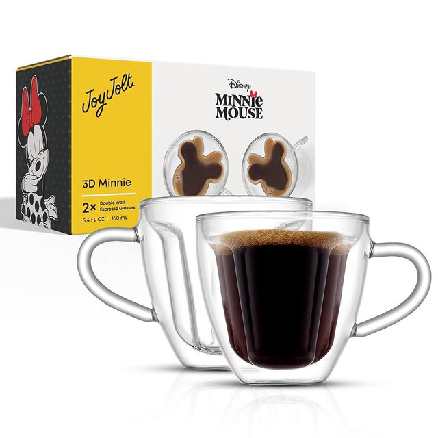 JoyJolt Disney Minnie Mouse 3D Double Wall Espresso Glasses, 5.4oz Small Glass Mugs with Handles, Coffee Cups Set of 2, Insulated Clear Glasses for Double Shot Espresso Cappuccino Tea, Disney Gifts