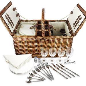 Delux Double Lid Classic Wicker Picnic Basket - Large 4-Person Picnic Supply Set with Insulated Cooler Bag, Includes Silverware, Glasses and Accessories