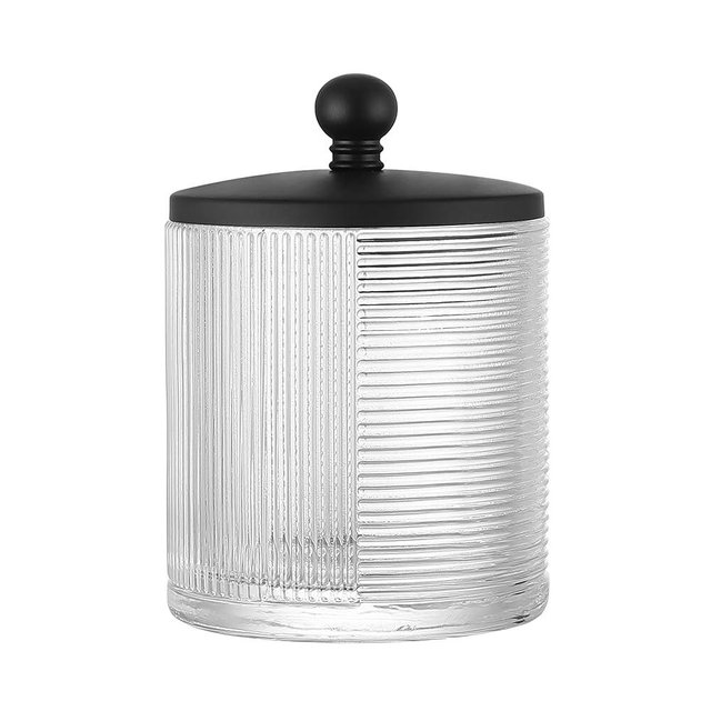 Indecor Home Clear Transparent Apothecary Ribbed Geometric Etched Glass Jar W/Matte Black Metal Lid Cover for Bathroom Organization, Cotton Balls, Q Tips, and Small Accessories, Bathroom Storage