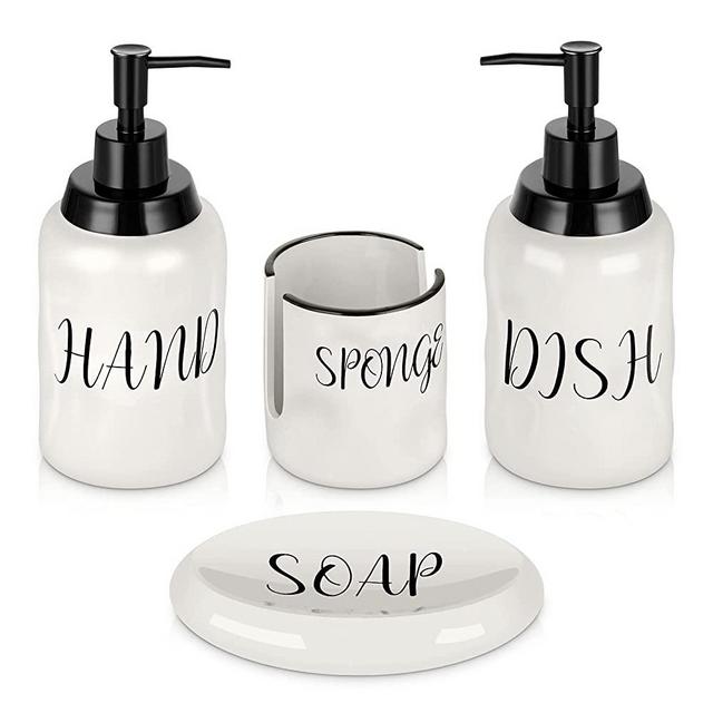 Farmhouse Soap Dispenser Set - Modern Style Ceramic Hand & Dish Liquid Soap Dispenser + Soap Holder + Sponge Holder – Perfect for Kitchen and Bathroom Counter Décor