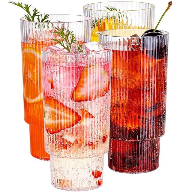 Hioasis 4PCS Clear Plastic Cups - 14OZ Plastic Ribbed Drinking Glasses, Reusable,BPA-free Tumbler Cups for Hold Beer, Iced Coffee, Juice Whiskey