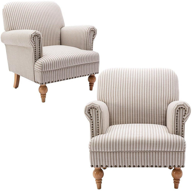 DM Furniture Modern Accent Chair Set of 2 Wide Armchair Linen Fabric Reading Chairs Upholstered Single Sofa Couch with Wood Legs for Bedroom/Living Room, Beige Stripe