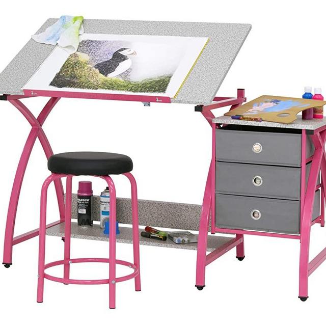 SD STUDIO DESIGNS 2 Piece Comet Craft Table | Angle Adjustable Top and Stool | Pink/Spatter Gray