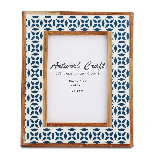 Artwork Craft Handmade White Bone Photo Frame Geometric Painting Vintage Boho Wooden Picture Frames For Table-Top/Wall Decor (6x4 Inches, Geometric Blue)