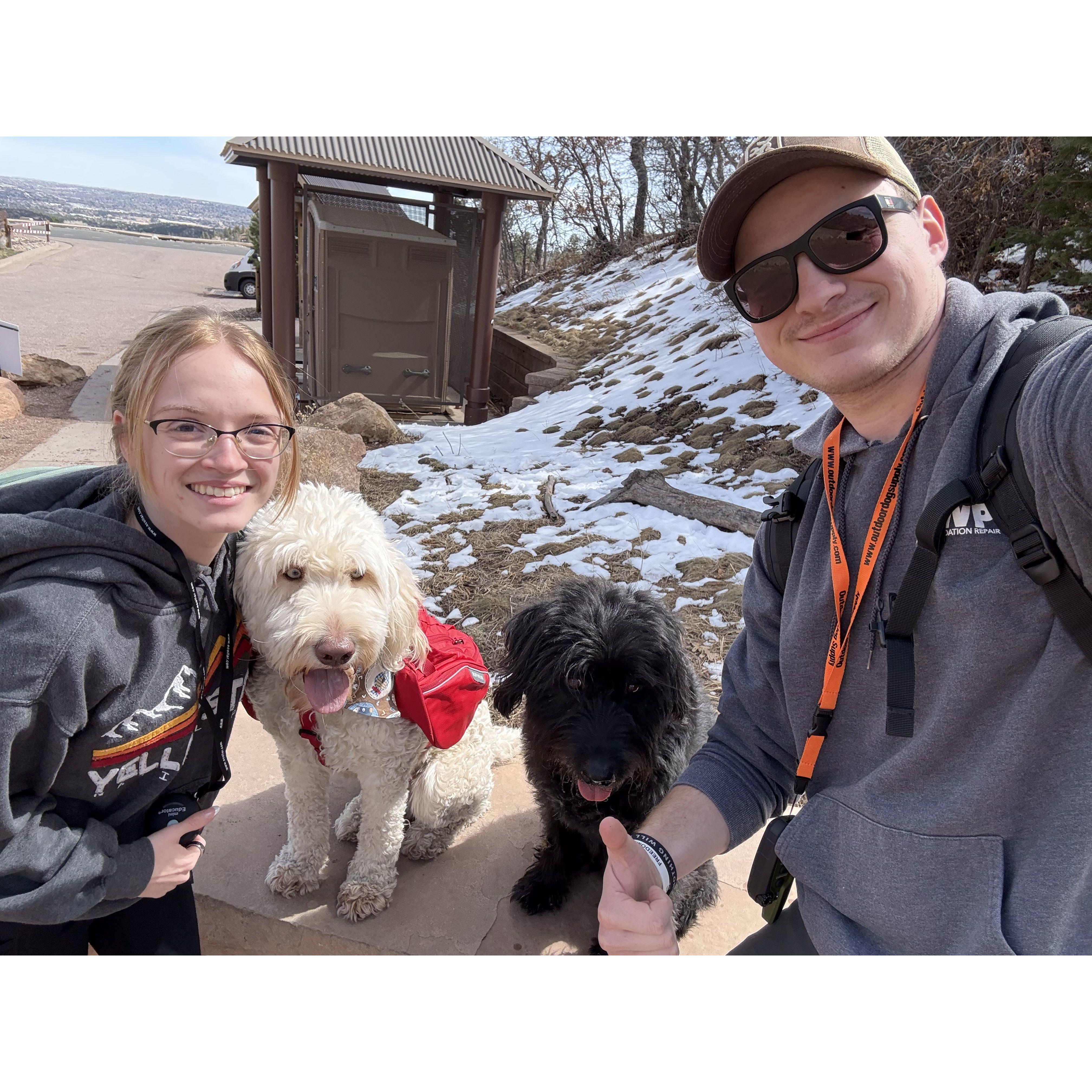 A hiking trip in Colorado Springs. The day before he proposed! Pictured are Moose (left) and Remi (right)