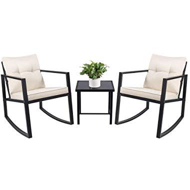 Devoko 3 Piece Rocking Bistro Set Wicker Patio Outdoor Furniture Porch Chairs Conversation Sets with Glass Coffee Table (Black)