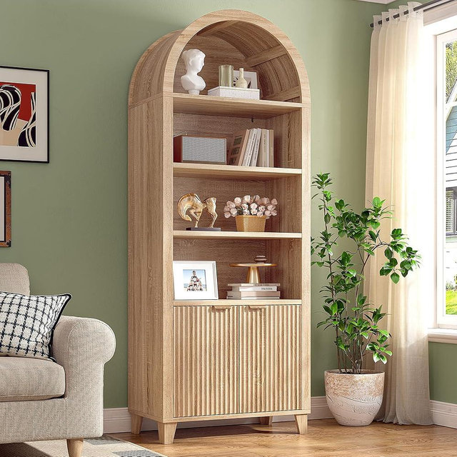 DurayLoly 79.9" Tall Arched Cabinet,6-Tier Arched Bookcase with Fluted Doors and Adjustable Shelves,Wooden Storage Cabinet with Open Display Shelf for Office,Living Room, Kitchen, Light Oak