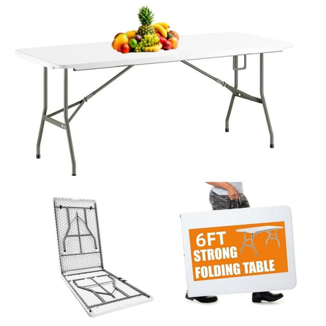 VTOY 6FT（30"x72" Folding Table, Indoor Outdoor Heavy Duty Table with Carrying Handle,Portable Placstic Fold up Table for Picnic, Party, Camping，Office - （White /6ft）