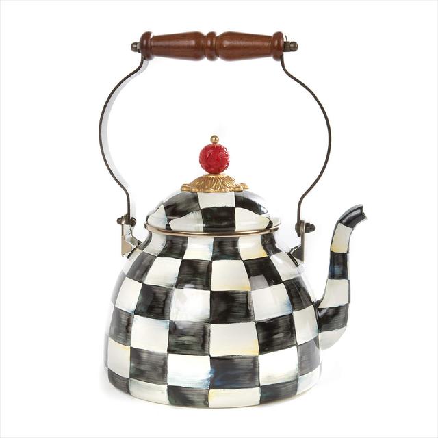 MacKenzie-Childs Courtly Check Enamel Tea Kettle, Decorative Teapot, 2-Quart Tea Kettle