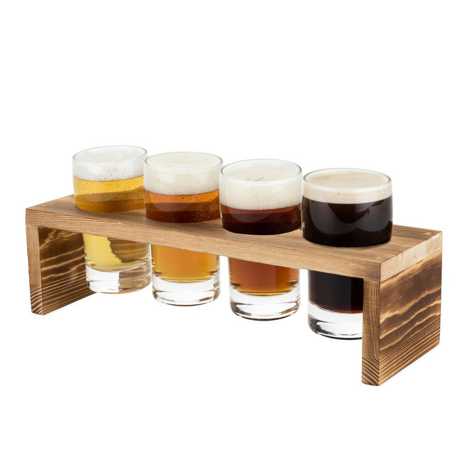 True Beer Flight Set, Four 5 oz Tasting Glasses, Wooden Flight Board, Beer Tasting Set, Beige Finish