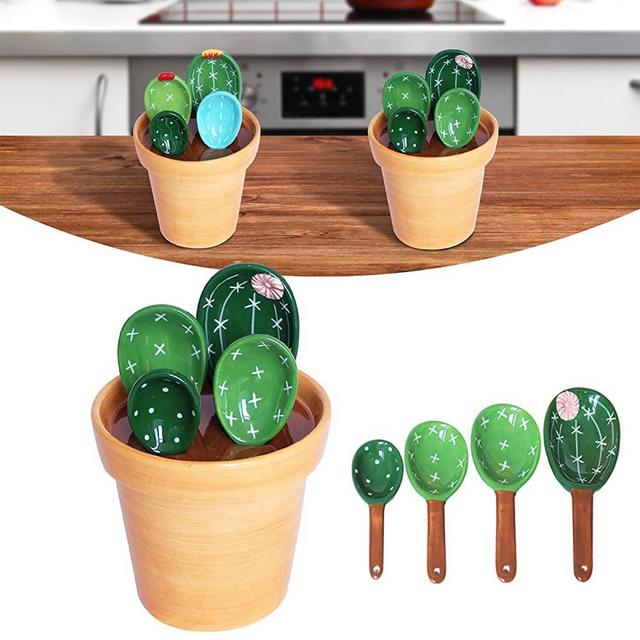 Cactus Measuring Spoons Set in Pot, Ceramic Cute Small Cacti Measuring Spoons and Cups, Cactus Figurine Baking Measuring Spoons, for Baking, Salt, Sugar(Green)1 Tbsp 1 TSP 1/2 TSP 1/4 TSP (A)