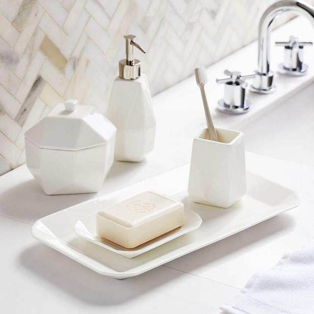 Faceted Porcelain Bath Accessories, White, Set of 5