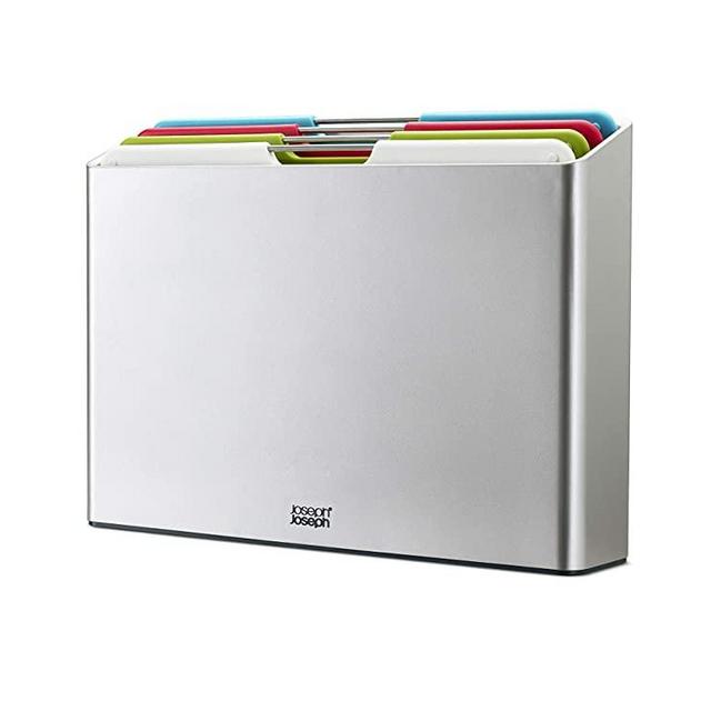 Joseph Joseph 60185 Folio Plastic Cutting Board Set with Storage Case Color-Coded Easy-Access Design Dishwasher Safer Non-Slip, Large, Silver