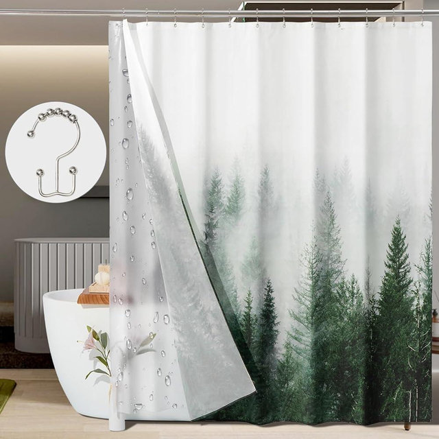 ORTIGIA 3 in 1 Waterproof Shower Curtain and Clear PEVA Liner Set with 12 Double Sided Metal Shower Curtain Hooks, Green Misty Forest Tree Soft Fabric Shower Curtain for Bathroom - 72 Wx72 L