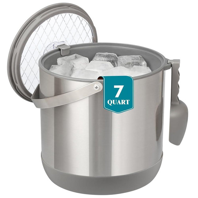 6.8L/7QT Insulated Ice Bucket with Lid & Scoop,Double-Wall Ice Bucket for Parties,Cocktail Bar(Grey)