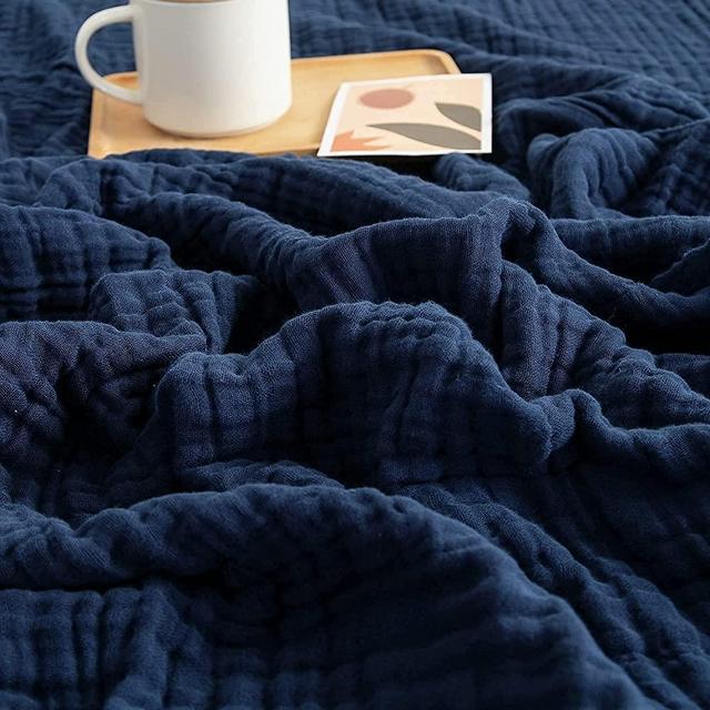 EMME Muslin Blanket 100% Cotton Throw Blankets for Couch 6-Layer Breathable Gauze Blanket All Season Soft and Lightweight Pre-Washed Cotton Blanket (Navy, 55"x75")