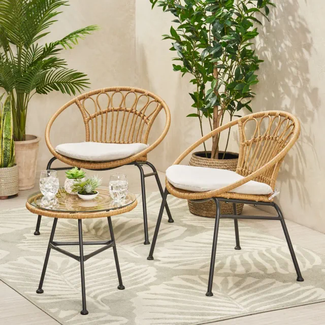 Christopher Knight Home Banya Outdoor Wicker and Iron 3 Piece Chat Set with Tempered Glass Table, Light Brown/Beige