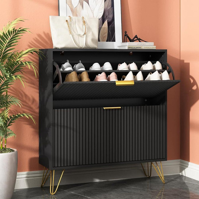 Sscaktu Shoe Storage Cabinet with 2 Flip Drawers, 31.5" W Fluted Shoe Cabinet for Entryway, Hidden Shoe Cabinet Storage, Narrow Free Standing Shoe Orgnaizer Rack Cabinet for Foyer Hallway, Black