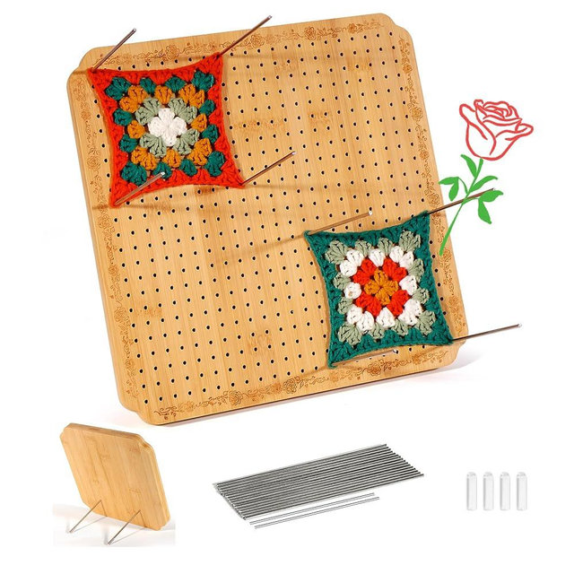 CraftyManor 12.5 in Blocking Boards for Crochet Projects with Rose Pattern, Crochet Blocking Board with Pegs, Granny Square Blocking Board with 20 Stainless Steel Pegs, Bamboo