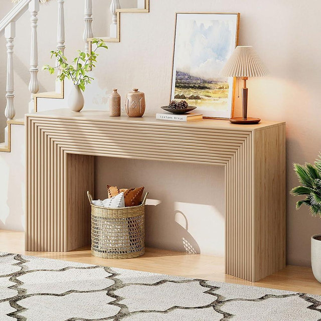 55-Inch Wood Entryway Table with Storage, Narrow Long Sofa Table Behind Couch, Fluted Console Table for Entryway, Hallway, Living Room, Accent Table for Decoration and Organization, Natural Wood