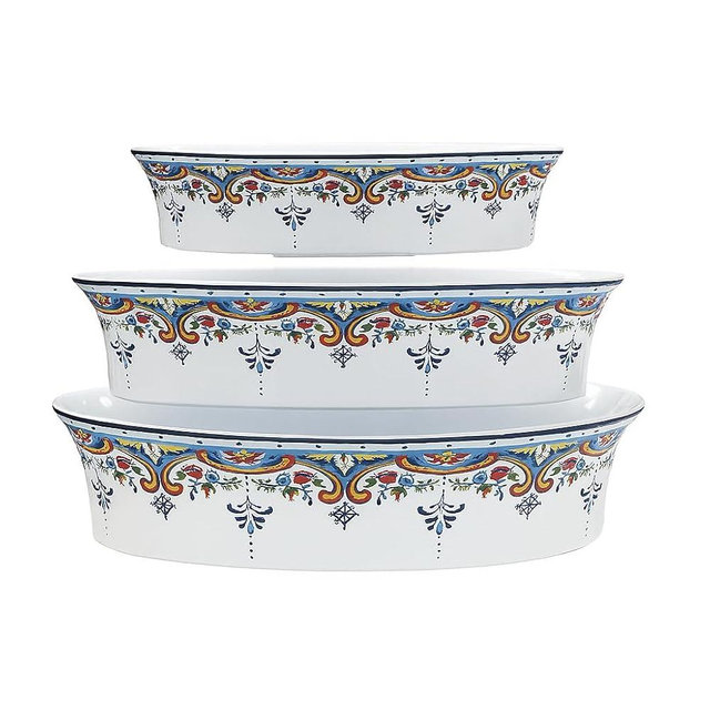Euro Ceramica Zanzibar Oven-to-Table Stoneware Oval Baking Dishes, Set of 3, High-Fired Stoneware Bake & Serve Pans with Mediterranean Pattern