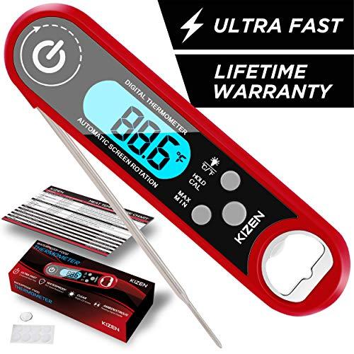 Kizen IP100 Instant Read Meat Thermometer - Waterproof Ambidextrous Thermometer with Backlight & Calibration. Digital Food Thermometer for Kitchen, Outdoor Cooking, BBQ, and Grill! (Red)