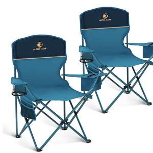 LET'S CAMP Camping Chair 2 Pack Folding Chair with 3-Can Cooler Bag Portable Lawn Chair with Cup Holder,Storage Pocket, Supports 225LBS, Collapsible Chair for Camp, Beach, Picnic (Blue)