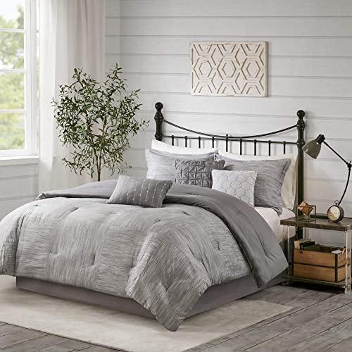 Madison Park Walter Comforter-Luxe Seersucker Print Design All Season Down Alternative Bedding, Matching Shams, Bedskirt, Decorative Pillows, King(104"x92"), Grey