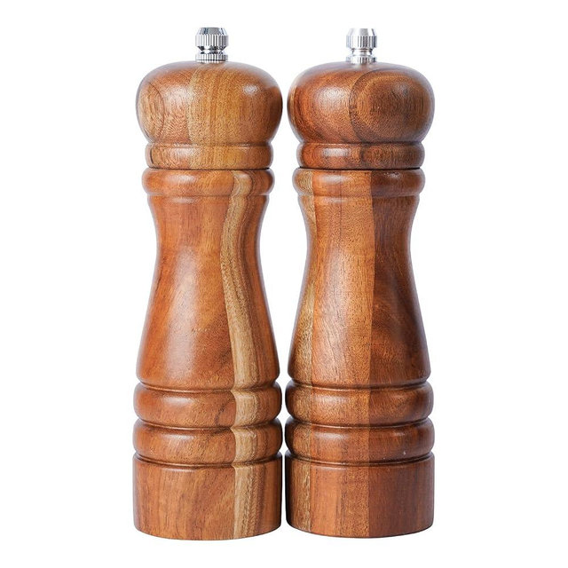 DeroTeno Salt and Pepper Mill Set, Set of 2 Salt and Pepper Grinder with Ceramic Grinder, Acacia Wood, Height 16.5 cm / 6 inch ((Tray is not Included)