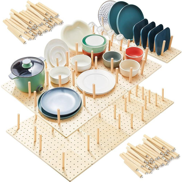 Kigley 12 Pcs Pegboard Drawer Organizer with 96 Pcs Drawer Peg Wood Peg Board Wooden Kitchen Drawer Plate Organizer Peg Drawer Organizers for Dishes for Food Containers Cookware Utensils (Wood Color)