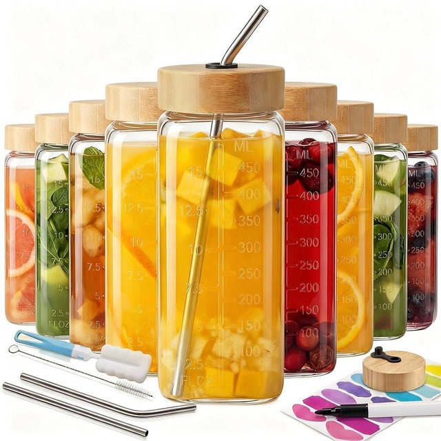 HomArtist 16oz Square Glass Juice Bottles with Lids, 9 Pack Reusable Juice Containers with Bamboo Lids, Glass Juicing jars with 4 Straws & 2 Airtight Lid with Hole for Drinking