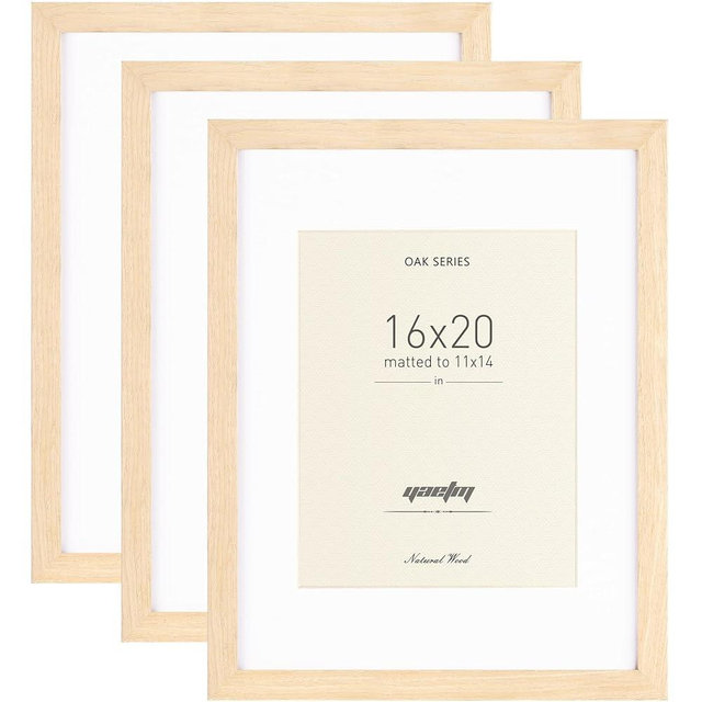 Yaetm 16x20 Picture Frame Matted to 11x14 Set of 3, Solid Oak Wood 16x20 Frame, Wide Molding Natural Wooden 16 x 20 Frames - Wall Decor for Office, Gallery & Home (3 pack, Oak)