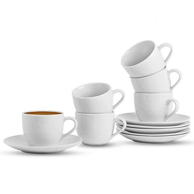 GOURMEX 4oz Ceramic White Espresso Cups and Saucers | Espresso Sets for Serving Hot Tea, Latte | 6 Piece Set Espresso Cups and Saucer Set | Microwave Dishwasher Safe (4oz)