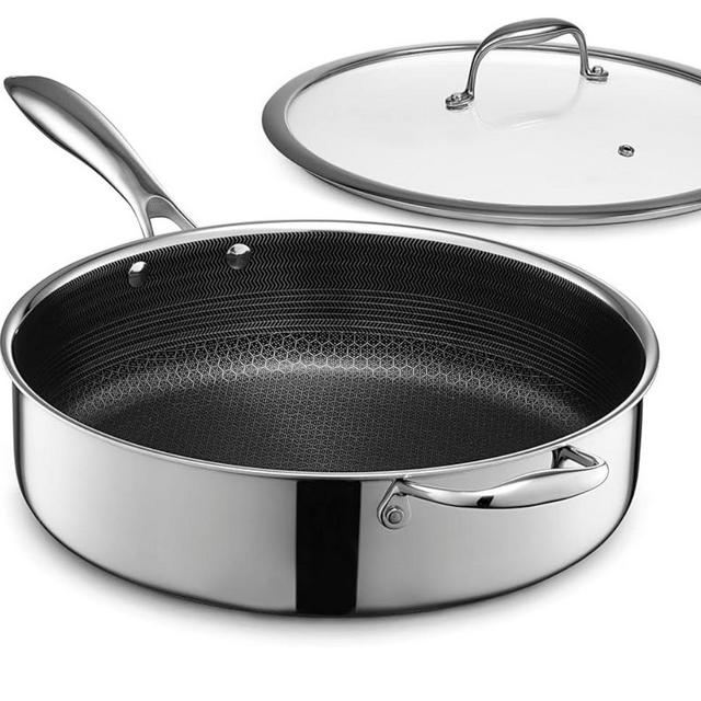 HexClad Hybrid Nonstick 5.5-Quart Deep Sauté Pan with Tempered Glass Lid, Stay-Cool Handle, Dishwasher-Friendly, Oven-Safe Up to 900°F, Induction Ready, Compatible with All Cooktops