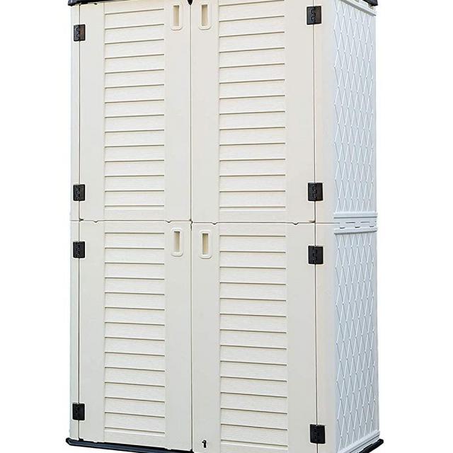 HOMSPARK Vertical Storage Shed Weather Resistance, Double-layer Outdoor Storage Cabinet Multi-purpose for Backyards and Patios Accessories, (50 in. L x 29 in. W x 82 in. H, 52 Cubic Feet, Cream White)