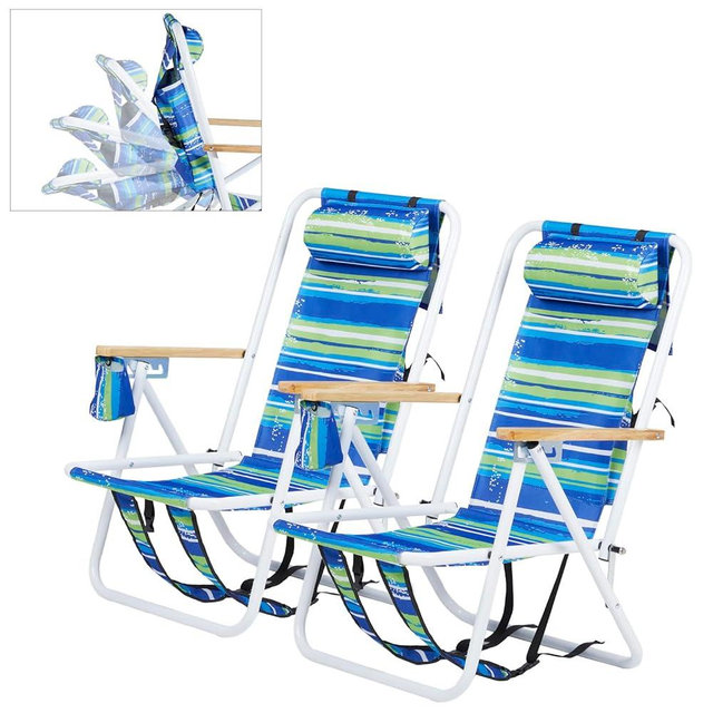 Outvita Folding Beach Chair Adjustable Headrest w/4 Flexible Tilt Angle, Cup Holder Portable High Strength Cleanable Fabric, for Sand Camping Lawn Concert Travel Festival