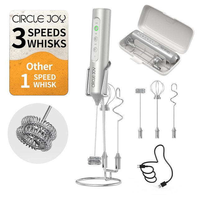 CIRCLE JOY Rechargeable Handheld Milk Frother Wand with Stand, 3 Variable Speeds, 3 Whisks and Storage Box, Electric Drink Mixer for Latte, Cappuccino, Hot Chocolate, Eggs and Protein Powder, Silver