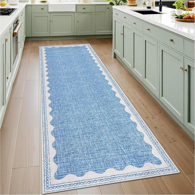 GarveeHome 2x6 Runner Rug for Hallway Washable Kitchen Rugs Non Slip Solid Blue Modern Minimalism Soft Low-Pile Scalloped Indoor Carpet for Entryway Laundry Room Floor Mats