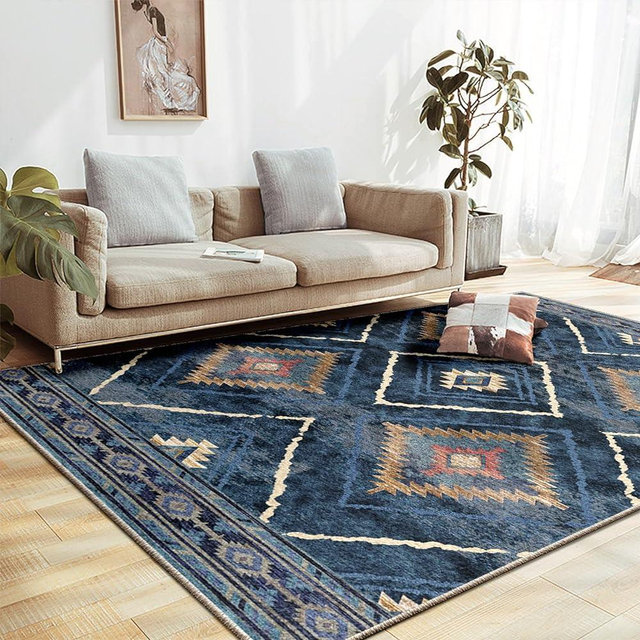 BESTSWEETIE 5x7 Area Rugs Moroccan Rug 5x7 Rugs Farmhouse Rug Machine Washable Rugs Non-Slip Low Pile Water Repellent Ultra Soft Faux Wool for Living Room Bedroom Indoor darkblue