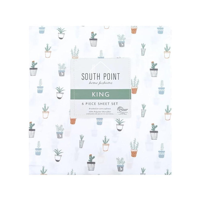 South Point Home Fashions 6-Piece Printed Sheet Set - Queen/King | 17"" Extra Deep | Cool, Crisp, Breathable Bed Sheets - Brushed for Softness (Potted Plant Green, King (U.S. Standard)), 1703334