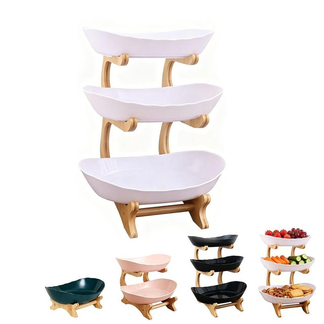 3 Tier Oval Fruit Basket, 2026 Upgraded Fruit Basket With Bamboo Stand, 3-Tiers Kitchen Countertop Organizer With Detachable Bowls For Fruits, Vegetables, Snacks For Home Decor & Party (White, 3-Tier)