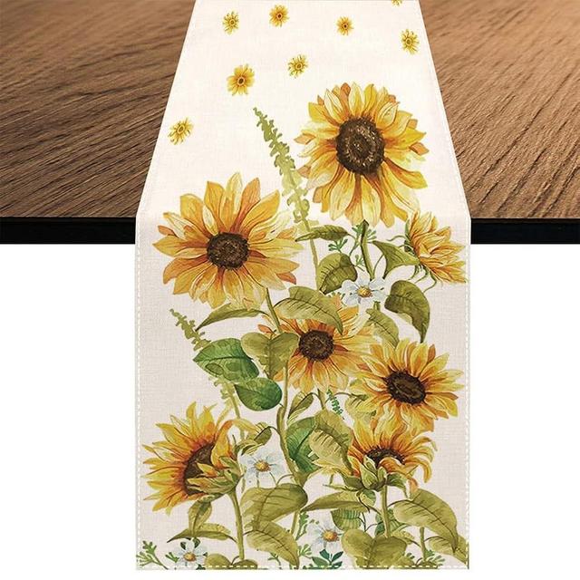 Watercolor Sunflower Table Runner, Seasonal Spring Summer Yellow Flower Holiday Kitchen Dining Table Decoration for Home Party Decor 13x70 Inch