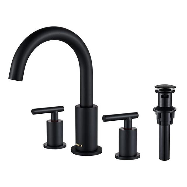 FORIOUS Two Handle High Arc Widespread Bathroom Sink Faucet 3 Hole with with Pop-Up Drain and Water Supply Lines, Matte Black